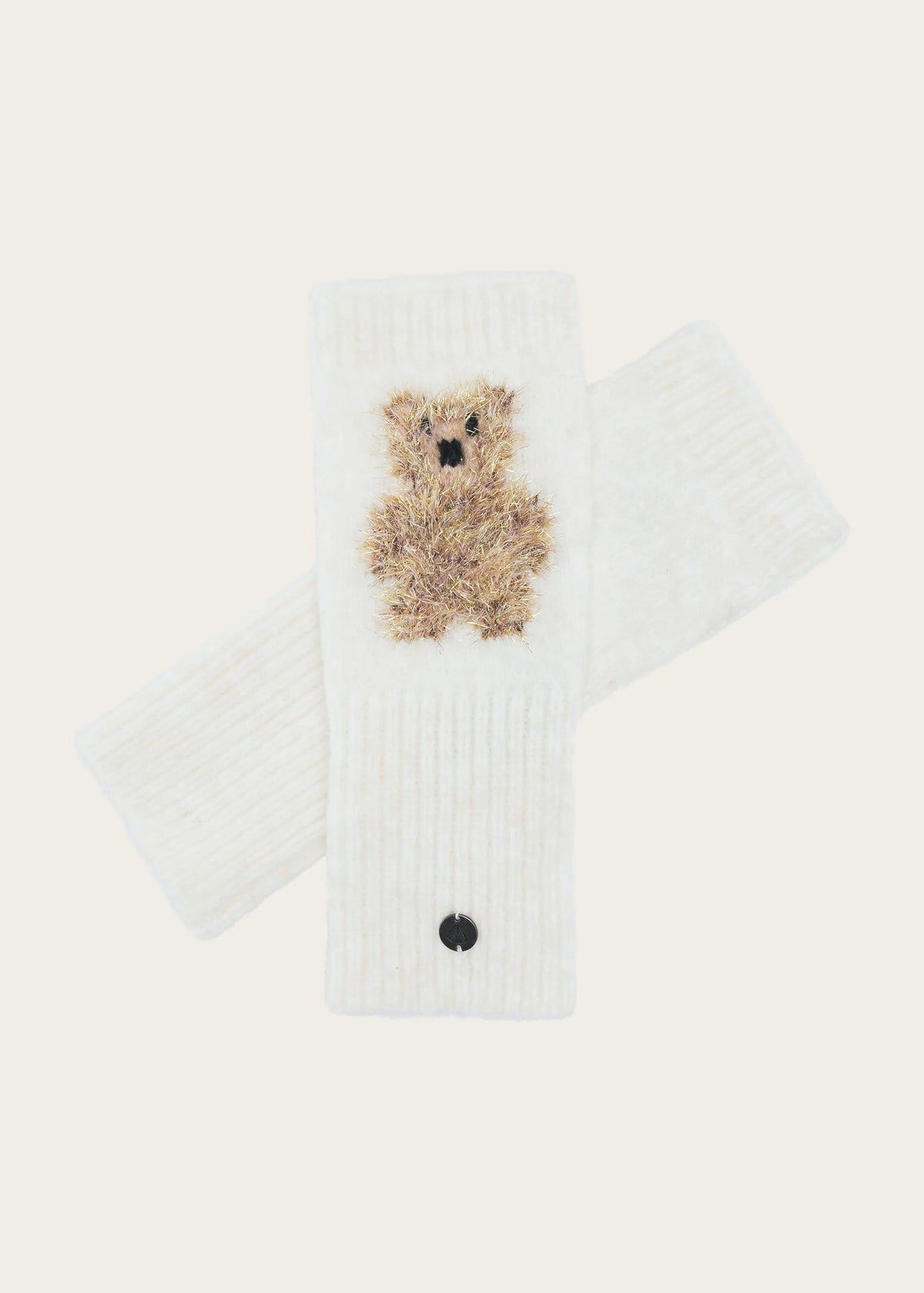 A pair of white ribbed knit booties with a small brown teddy bear applique on the front of each boot and a small black button detail near the sole.
