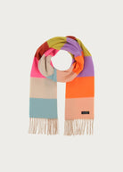 Multicolored scarf with fringes on a light gray background