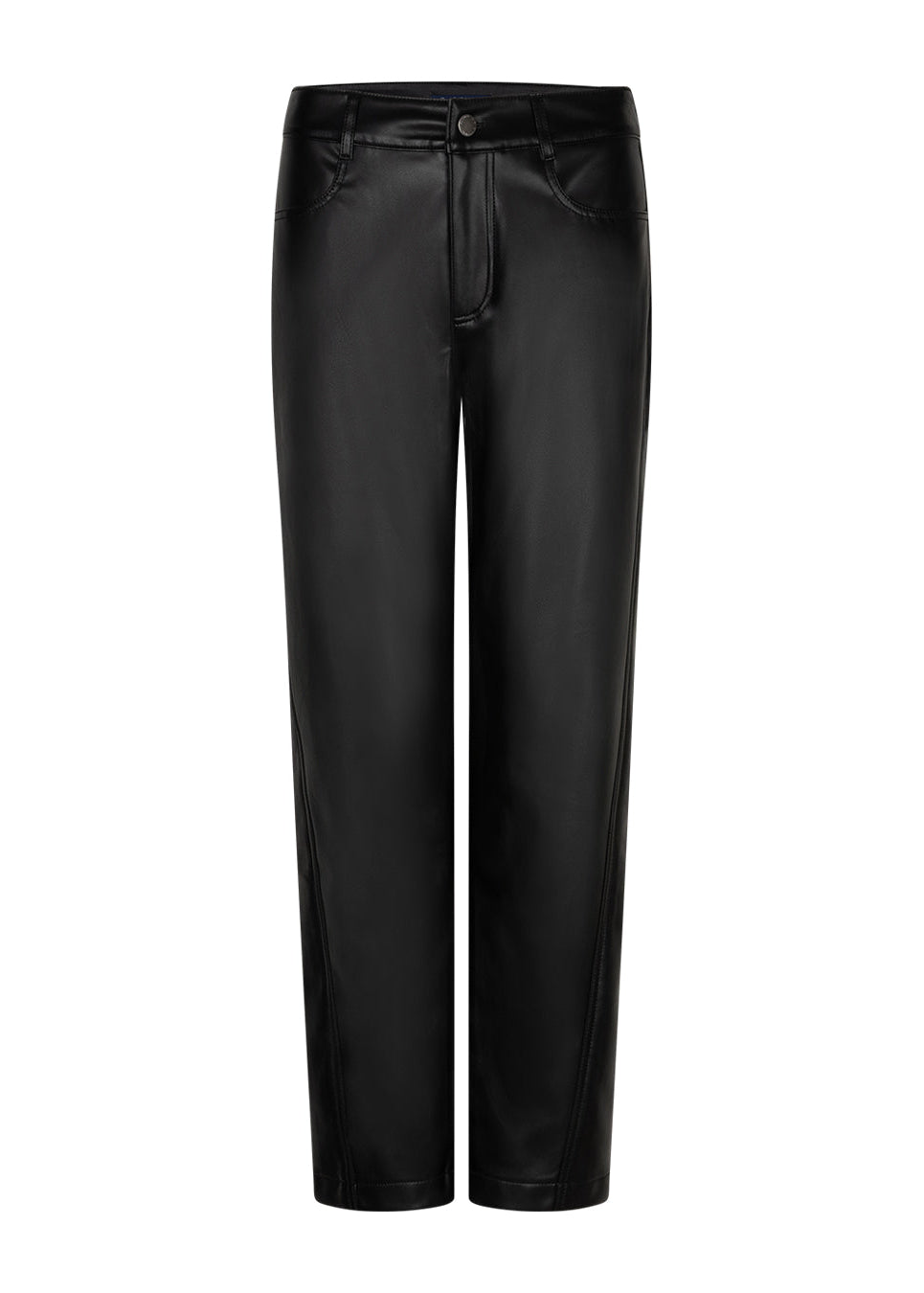 Black faux-leather cropped pants with a front button closure and belt loops, shown flat on a white background.