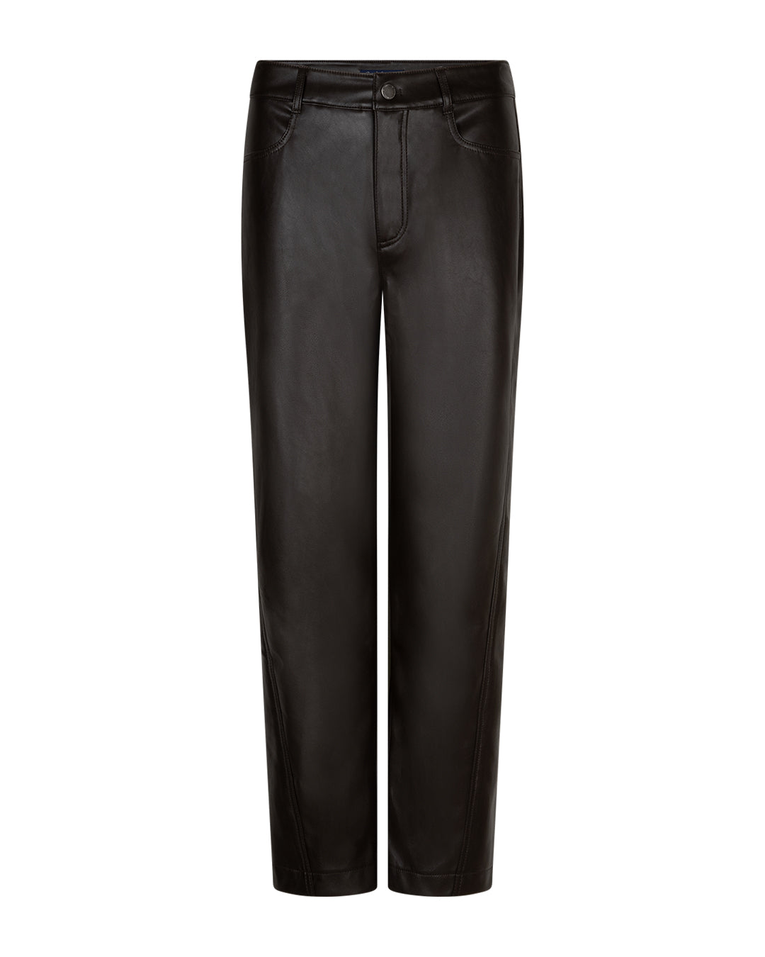 Black faux leather cropped pants with a straight-leg fit, shown against a plain white background.