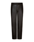 Black faux leather cropped pants with a straight-leg fit, shown against a plain white background.