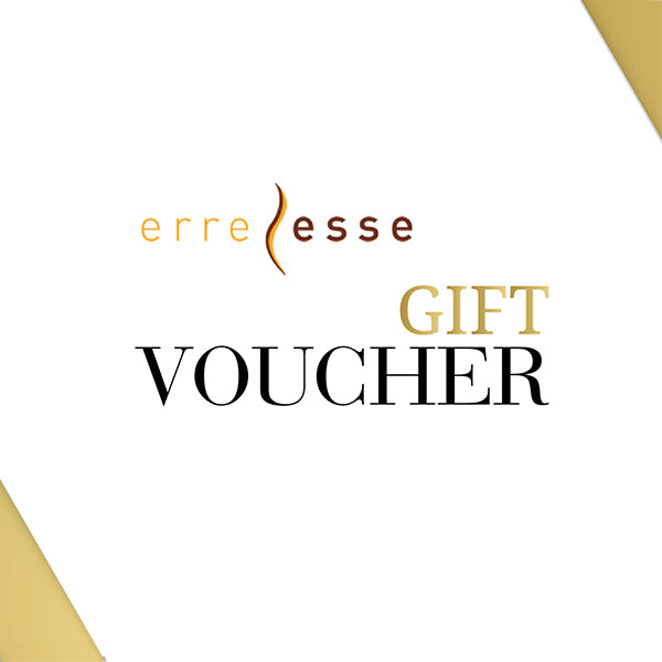 Erreesse gift voucher with elegant typography on a white background, featuring gold and black lettering with subtle gold corner accents.